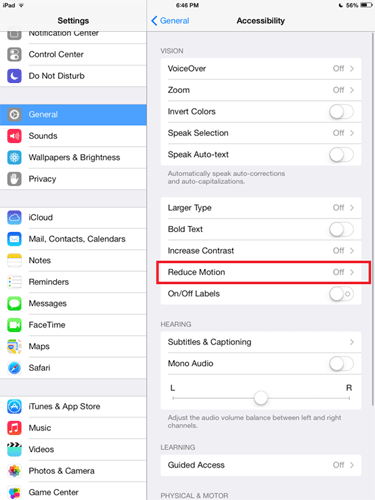 iOS 7 Accessibility Settings, Reduce Motion